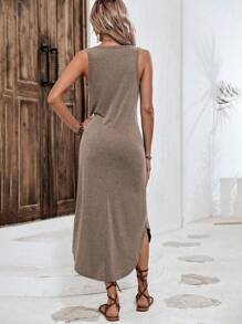 SHEIN LUNE Đầm dài không tay thường ngày cổ chữ V màu trơn viền cong cho nữ - màu nâu - Xem 2