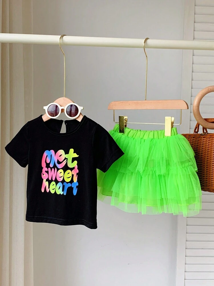 2pcs/Set Baby Girl Casual Street Style Sporty Fun Colored Letter Print T-Shirt And Fluorescent Mesh Skirt Set, Spring And Summer Outfits