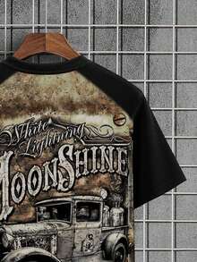 Herren Mode Lässig Raglan Ärmel Retro Bedrucktes Slim Fit T-Shirt - Schwarz - Übersicht 3
