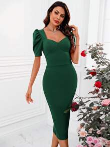 SHEIN Clasi Vestido Casual De Verano Para Mujer Con Cuello De Corazón Y Ajustado En El Cuerpo Y Con Paquete En Los Glúteos - Verde Oscuro - Ver 1