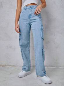 SHEIN Túi nắp bên cạnh Quần jean chở hàng - Rửa nhẹ - Xem 1