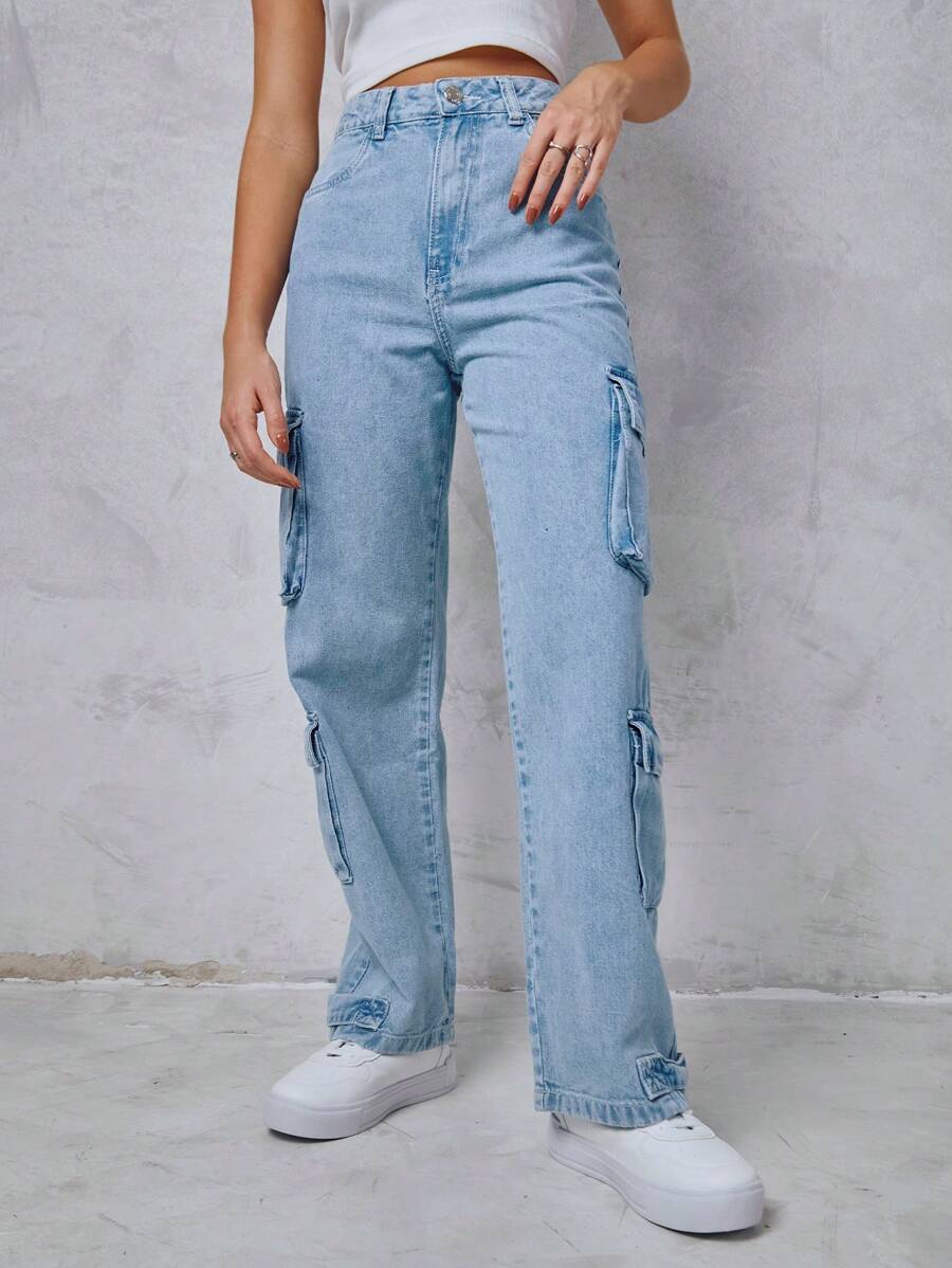 SHEIN Túi nắp bên cạnh Quần jean chở hàng - Rửa nhẹ - Xem 1