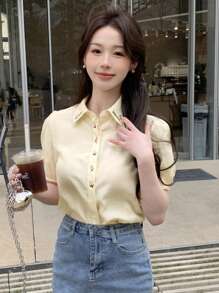 DAZY Women's Spring/Summer Floral Embroidery Bubble Sleeve Shirt - Apricot - View 3