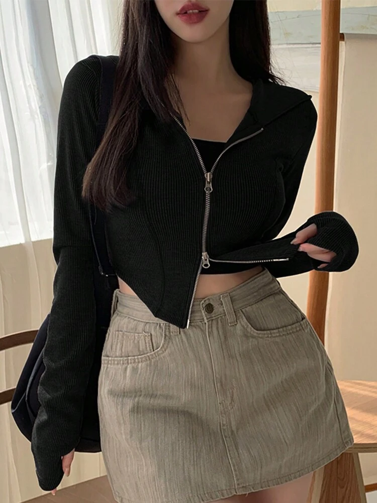 Women's Open Front Short Tight Hooded T-Shirt, Suitable For Spring And Summer Long Sleeve Women Tops Crop Women Tops