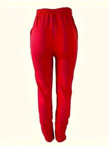 INAWLY 女士純色束口腰運動長褲 - 紅色 - 查看 2