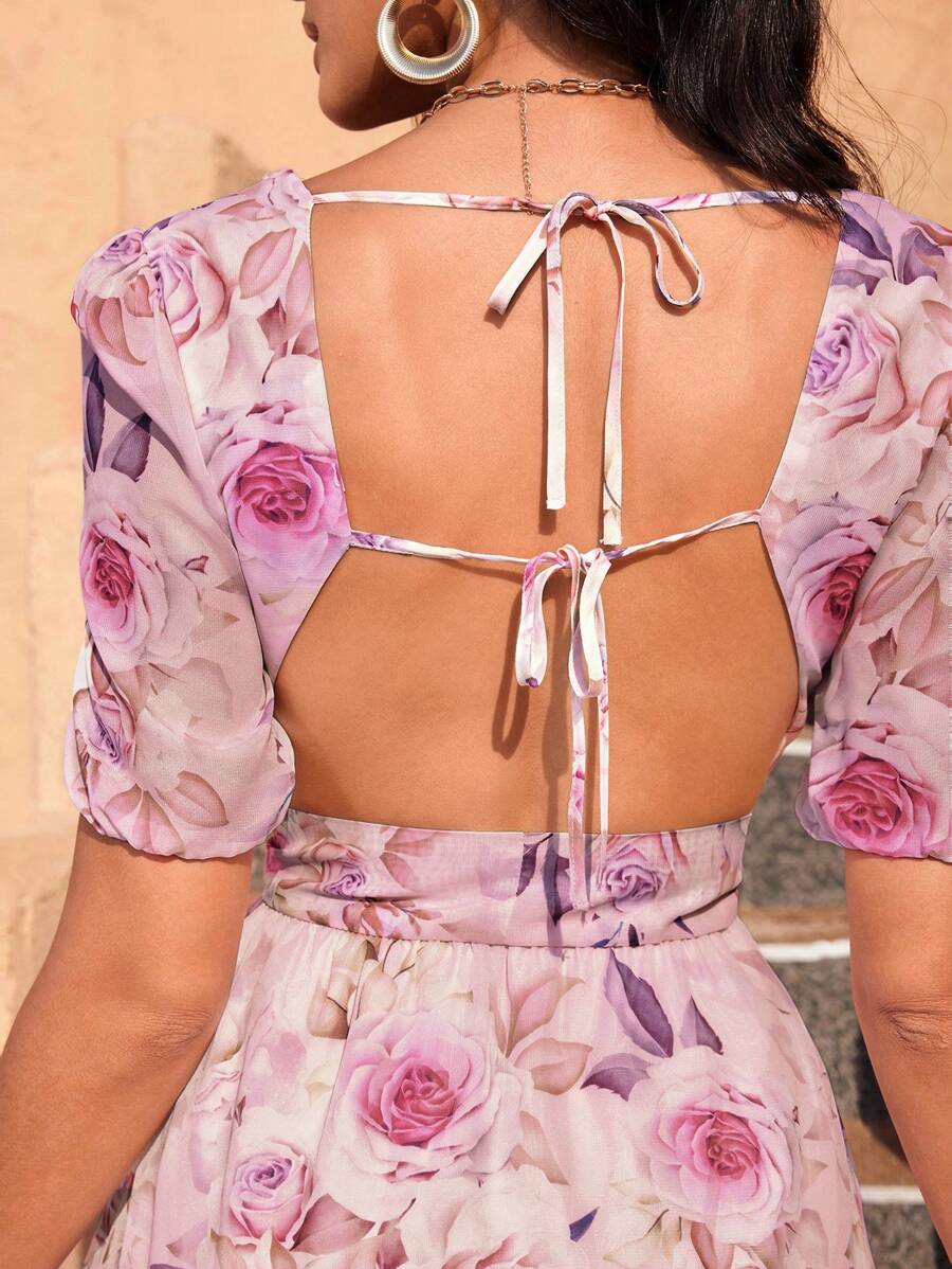 GENKIRA Summer Holiday Random Floral Print Hollow Out Short Sleeve Dress - Pink - View 1