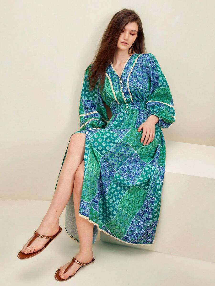 Anewsta沙灘風格接接花印花蕾絲邊燈籠袖集褶束腰v領裙 - 綠色 - 查看 1