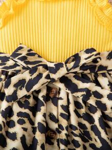 Baby Girl Summer Leopard Pattern Splice & Frilled Spaghetti Strap Dress - Yellow - View 5