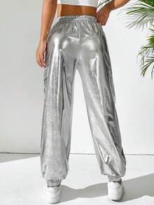 SHEIN PETITE Pu Flip Cover & Cargo Pockets Design Elastic Cuff Trousers - Silver - View 2