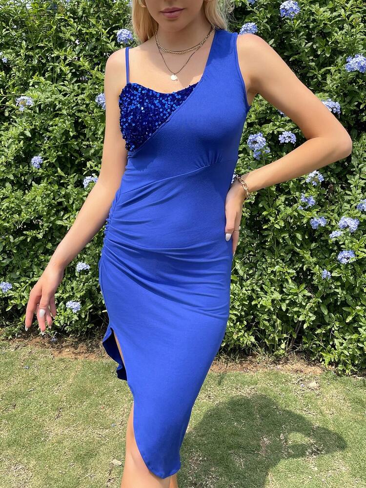 Sequin One Shoulder Slit Bodycon Dress With Cinching Waist