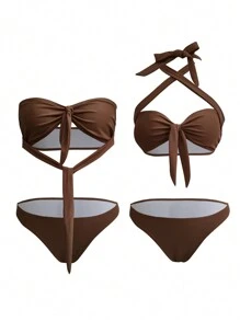 SHEIN Swim Bộ bikini cổ yếm đi biển mùa hè - Nhiều màu - Xem 1