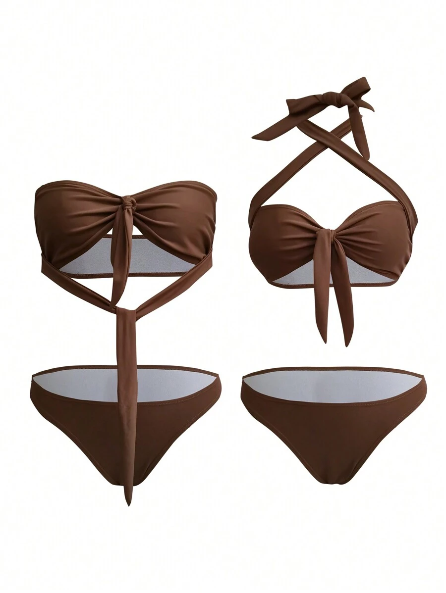 SHEIN Swim Bộ bikini cổ yếm đi biển mùa hè - Nhiều màu - Xem 1