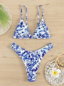 SHEIN Swim 夏季海灘女士花卉印花比基尼套裝，適用於度假 - 彩色 - 查看 1