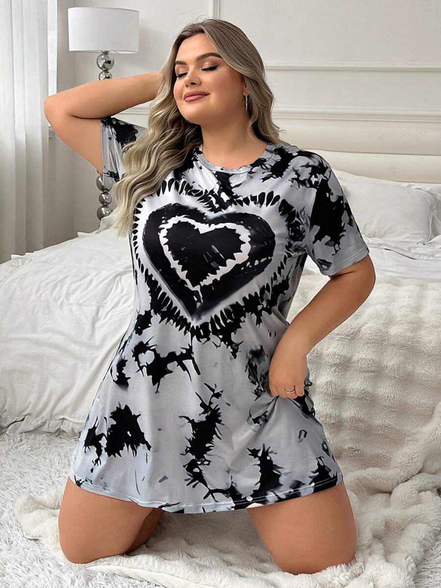 SHEIN Plus Size Heart Tie Dye Printed Pajama Night Dress - Black and White - View 1