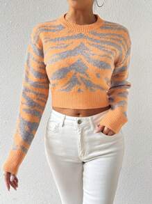 SHEIN LUNE Tiger Pattern Cropped Sweater, Knit Pullover Fall Winter - Multicolor - View 3