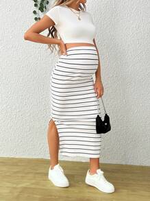 SHEIN Maternity Casual Striped High Waist Side Slit Skirt