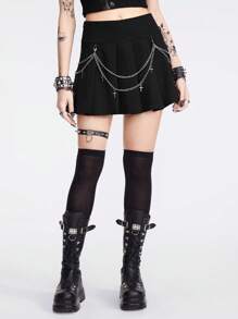 ROMWE Goth 女式y2k風格低腰百褶裙,配有金屬十字鏈裝飾,適合夏季穿著 - 黑色 - 查看 1