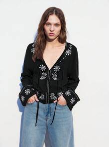 Maija 女式花卉印花宽领长袖衬衫（配腰带）春夏季