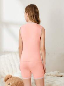 Tween Girl Contrast Trim Round Neck Top And Shorts Casual Underwear Set