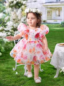 SHEIN Baby Girl Vacation Princess Sleeves Flower & Organza Printed Fluffy Dress - White - View 5
