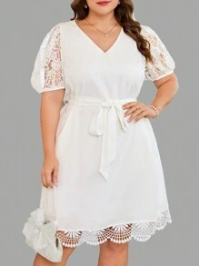 SHEIN Clasi Vestidos Blancos Con Insertos De Encaje, Tallas Grandes - Blanco - Ver 3