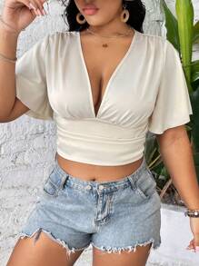 Celure 大碼夏季休閒v領荷葉袖短上衣 - 杏色 - 查看 4