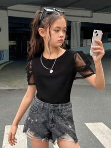 SHEIN Tween Girl Contrast Mesh Bubble Sleeve Round Neck T-Shirt - Black - View 3