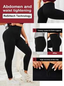 Easithlete 大碼素色寬腰帶運動打底褲 - 黑色 - 查看 7