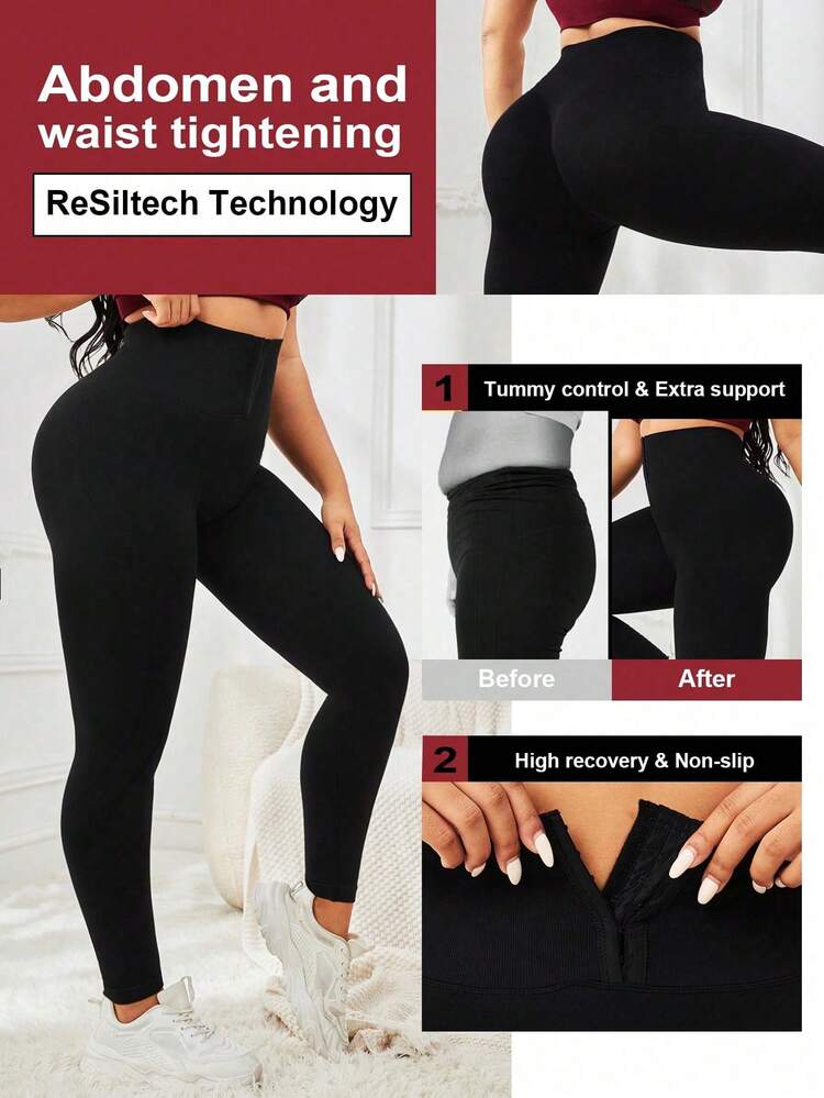 Easithlete 大碼素色寬腰帶運動打底褲 - 黑色 - 查看 7