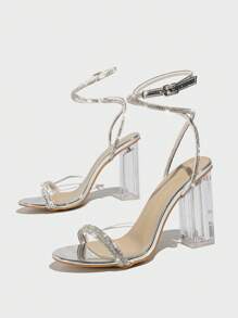 女士寬寬粗跟涼鞋,圓頭閃光水鑽裝飾透明帶扣設計仙女風格高跟鞋,新款銀色涼鞋 - 銀色 - 查看 4