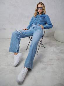 SHEIN 破洞直筒牛仔褲 - 藍色 - 查看 3