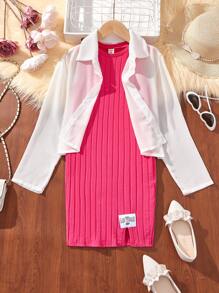 SHEIN 2pcs/Set Tween Girls' Knitted Solid Color Round Neck Sleeveless Loose Casual Dress And Woven Solid Color Chiffon Casual Shirt - Pink - View 1