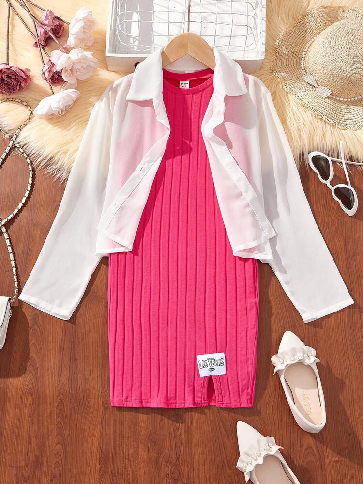 2pcs/Set Tween Girls' Knitted Solid Color Round Neck Sleeveless Loose Casual Dress And Woven Solid Color Chiffon Casual Shirt