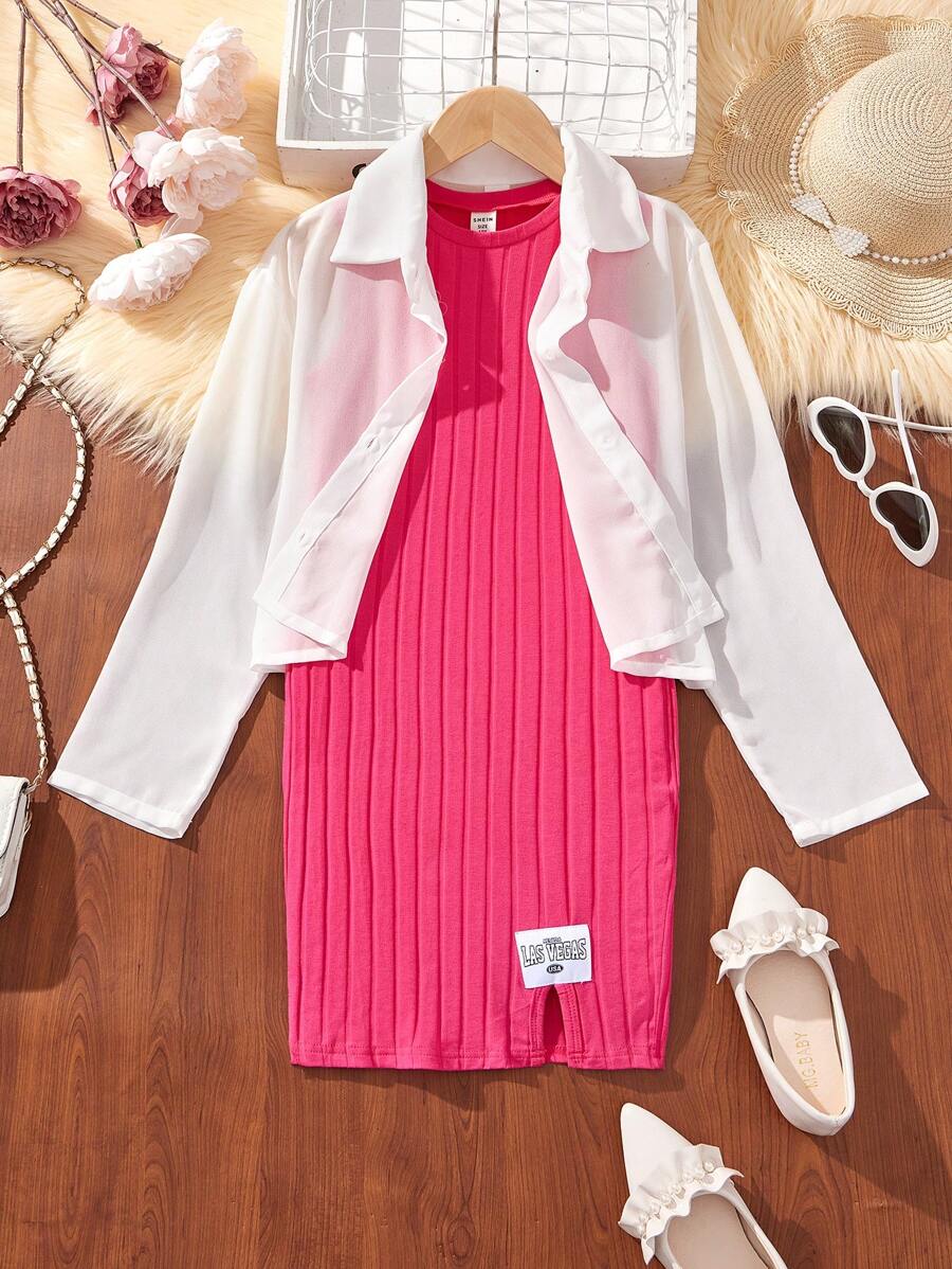 SHEIN 2pcs/Set Tween Girls' Knitted Solid Color Round Neck Sleeveless Loose Casual Dress And Woven Solid Color Chiffon Casual Shirt - Pink - View 1