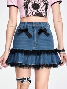 ROMWE Kawaii Women's Bow Decorated Contrast Mesh Ruffle Hem Denim Skirt - Blue - View 1