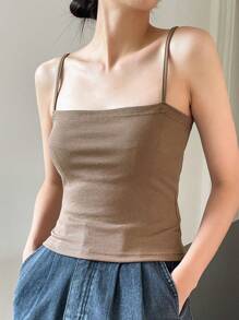 DAZY Chất rắn Đan Xương sườn Cami ngọn - Màu Khaki - Xem 1