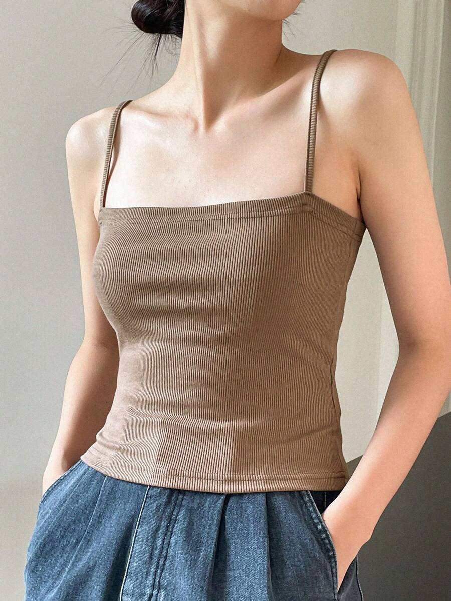 DAZY Chất rắn Đan Xương sườn Cami ngọn - Màu Khaki - Xem 1