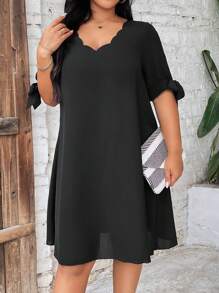 Calvaya 鬆身大尺碼夏季休閒洋裝,帶有扇貝邊緣 - 黑色 - 查看 4