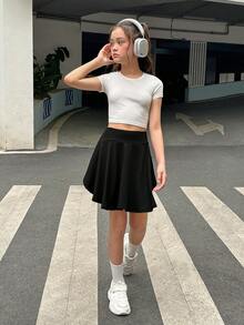 SHEIN Tween Girls' Sporty Street Style Short Asymmetrical Skort Made Of Woven Fabric, Spring And Summer - Black - View 5