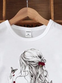SHEIN 少女角色和蝴蝶印花短袖T恤和長褲套裝 - 酒紅色 - 查看 5