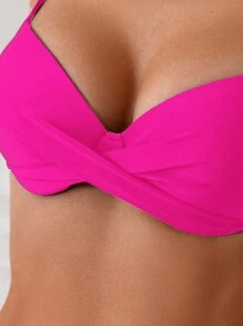 SHEIN Swim Conjunto de bikini cruzado y envolvente de unicolor para mujer de playa de verano - Rosa Fucsia - Ver 3