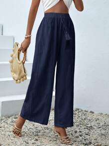 SHEIN VCAY 女士夏季度假花卉印花宽松阔腿女裤长裤 - 藏蓝色 - 查看 2