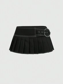 ROMWE PUNK Top-Stitching Buckle Detail Pleated Skirt, School - Black - View 1