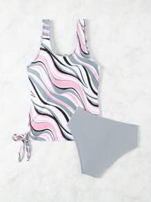 SHEIN Swim 女性彩色拼接背心束帶比基尼上衣,隨機印花 - 彩色 - 查看 2