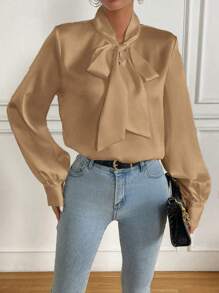 Chiquease 女士春季休閒打結領長袖衫 - 卡其色 - 查看 6