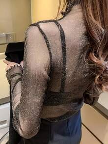 Gợi cảm Tay áo dài Lưới Áo Với Cao Đường viền cổ áo Đối với Đúng mốt Các bữa tiệc - màu đen - Xem 2