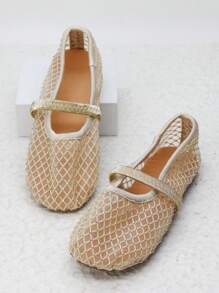 Golden Breathable Mesh Fabric With Random Rhinestone Texture And Elastic Straps, Round Toe Comfortable Flat Shoes For Girls' Daily Wear And Vacation