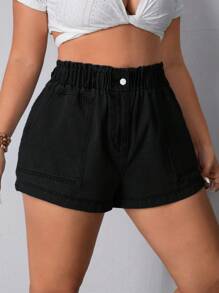 SHEIN LUNE Plus Size Elastic Waist Slanted Pocket Cuffed Denim Shorts - Black - View 3