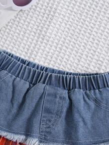 Baby Girl Frayed Denim And Plaid Pleated Skirt With Washed Design - Orange - View 3