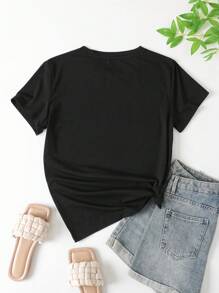 SHEIN Unity 女士夏季休閒椰樹和字母印花短袖t卹 - 黑色 - 查看 2